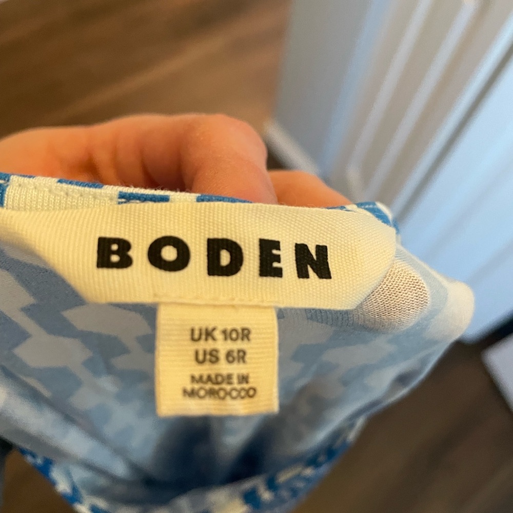BODEN Blue White Geo Chain Print Knot Detail Short Sleeve Belted Mini - Picture 4 of 7